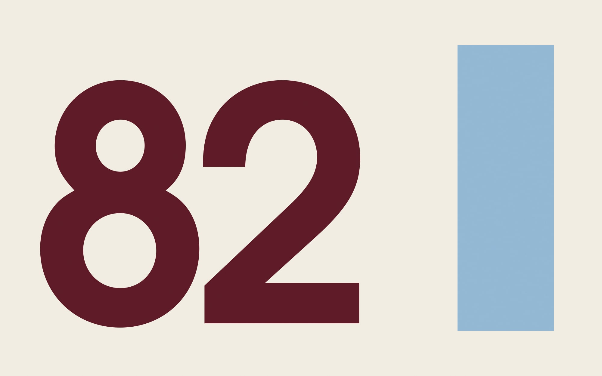 Large claret numeral 82 on a bone field with a sky-blue block